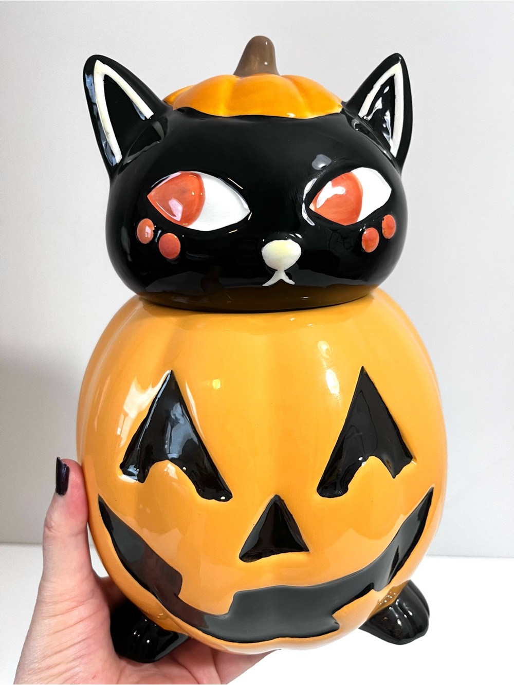 New Halloween Black Cat Pumpkin Ceramic Glazed Cookie Jar Treat Jar Black Orange